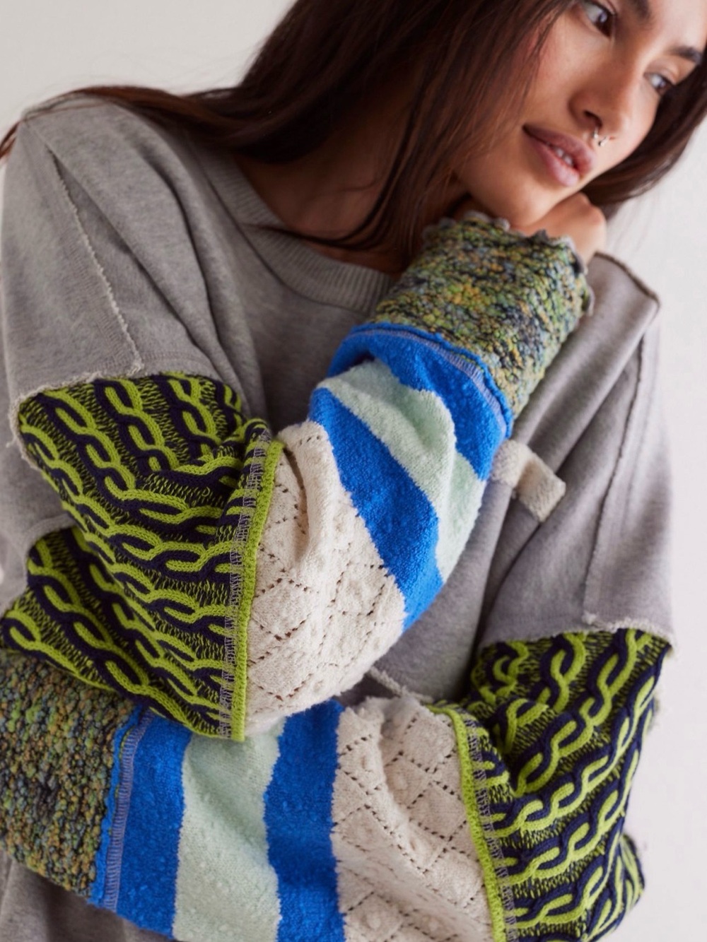 We The Free Stevie Pullover Patchwork Knit Sweatshirt in Gray, Blue & Green